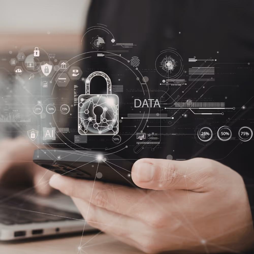 Person holding a smartphone with digital padlock icon and data security graphics overlay.