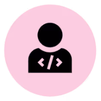 Black icon of a person with code symbols on chest inside a pink circle.