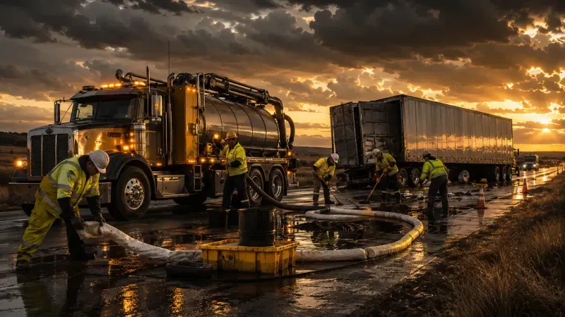 Hazmat crew containing a fuel spill on a highway at dusk