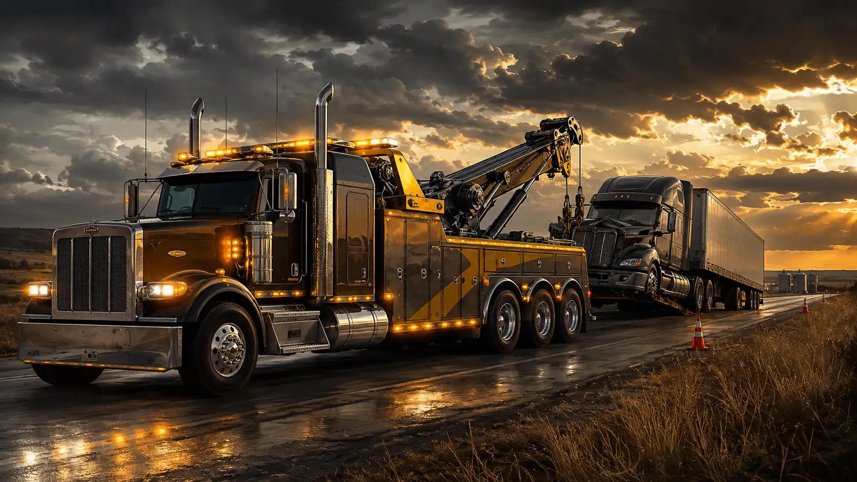Heavy wrecker towing a semi tractor-trailer on a wet highway at sunset