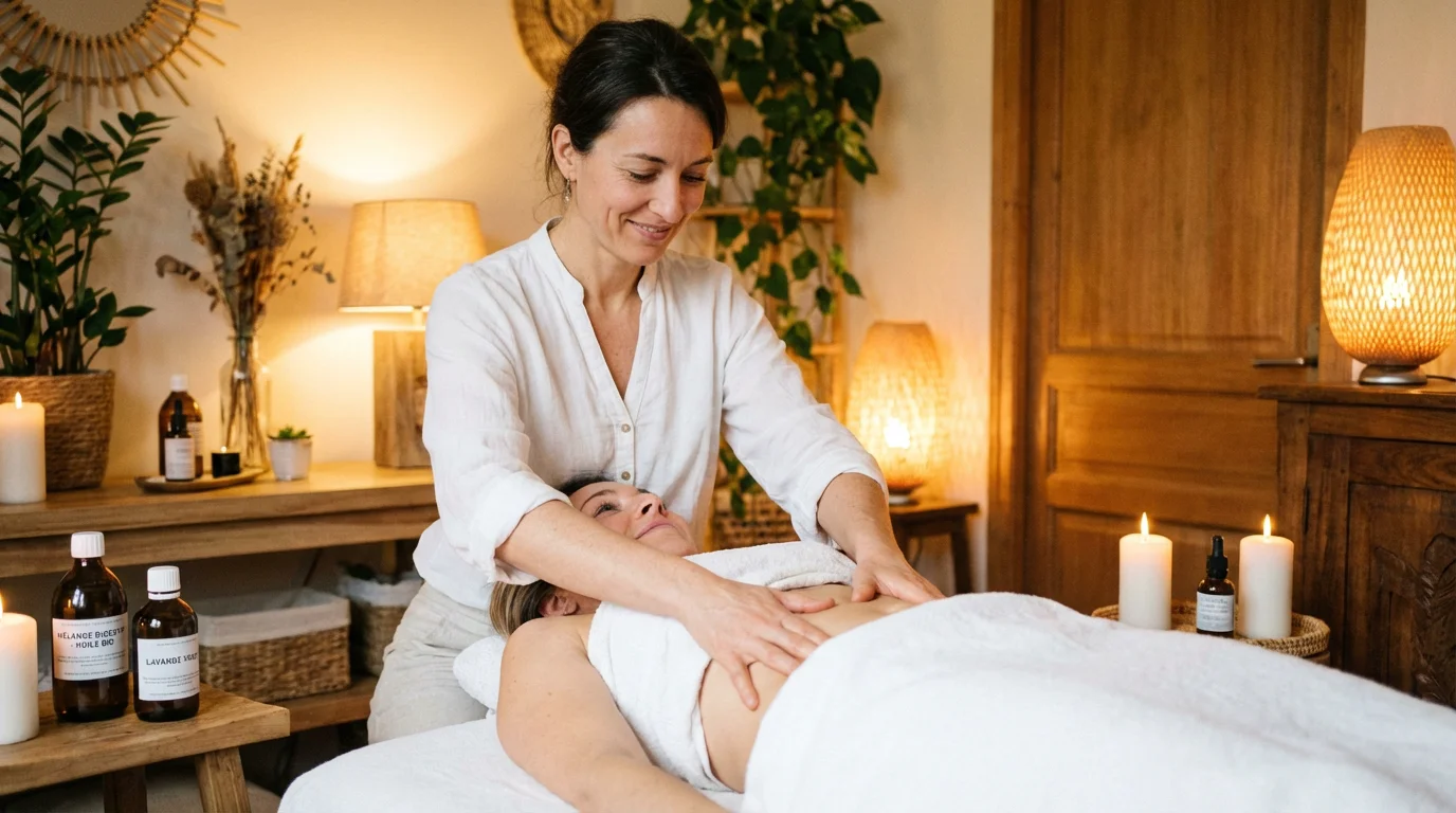 Praticienne réalisant un massage fertilité sur le ventre d'une femme dans un cabinet de bien-être