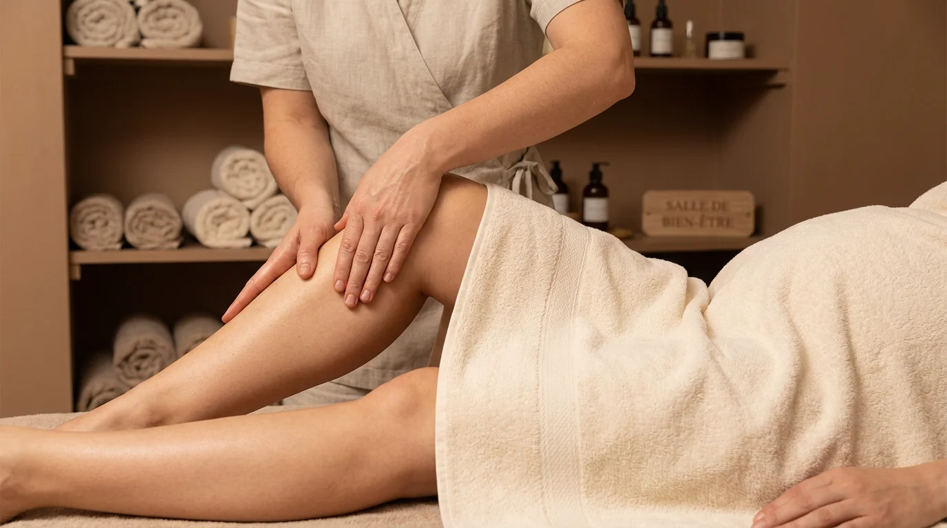 Mains d'une praticienne effectuant un massage doux sur les jambes d'une femme enceinte