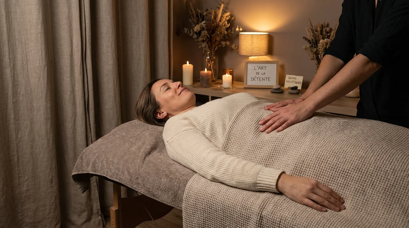 Femme européenne recevant un massage de libération émotionnelle dans un cadre apaisant