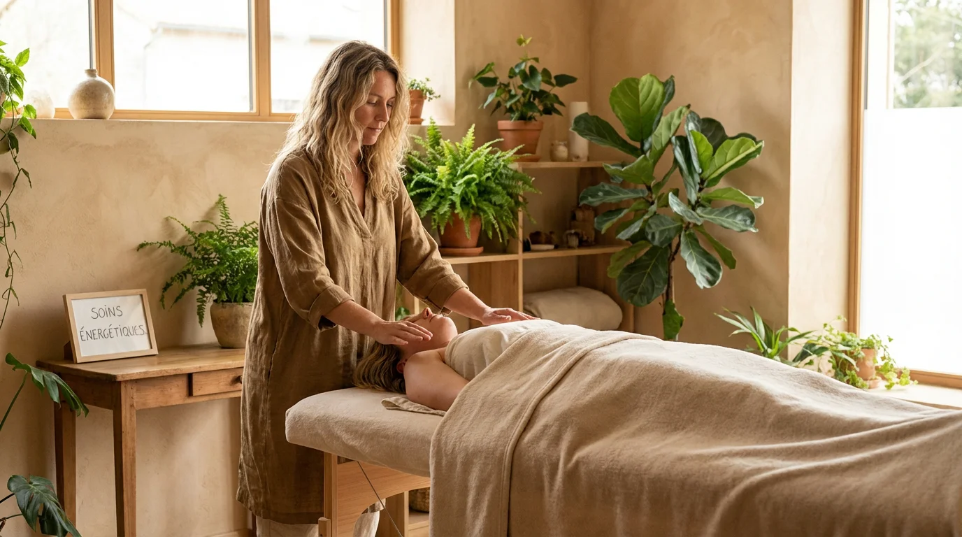 Praticienne en soin énergétique réalisant une séance dans un studio de bien-être lumineux