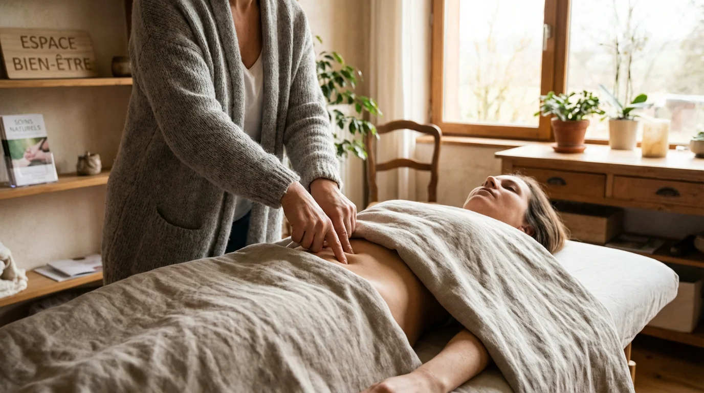 Mains d'une praticienne stimulant des points d'acupression liés à la fertilité sur une patiente