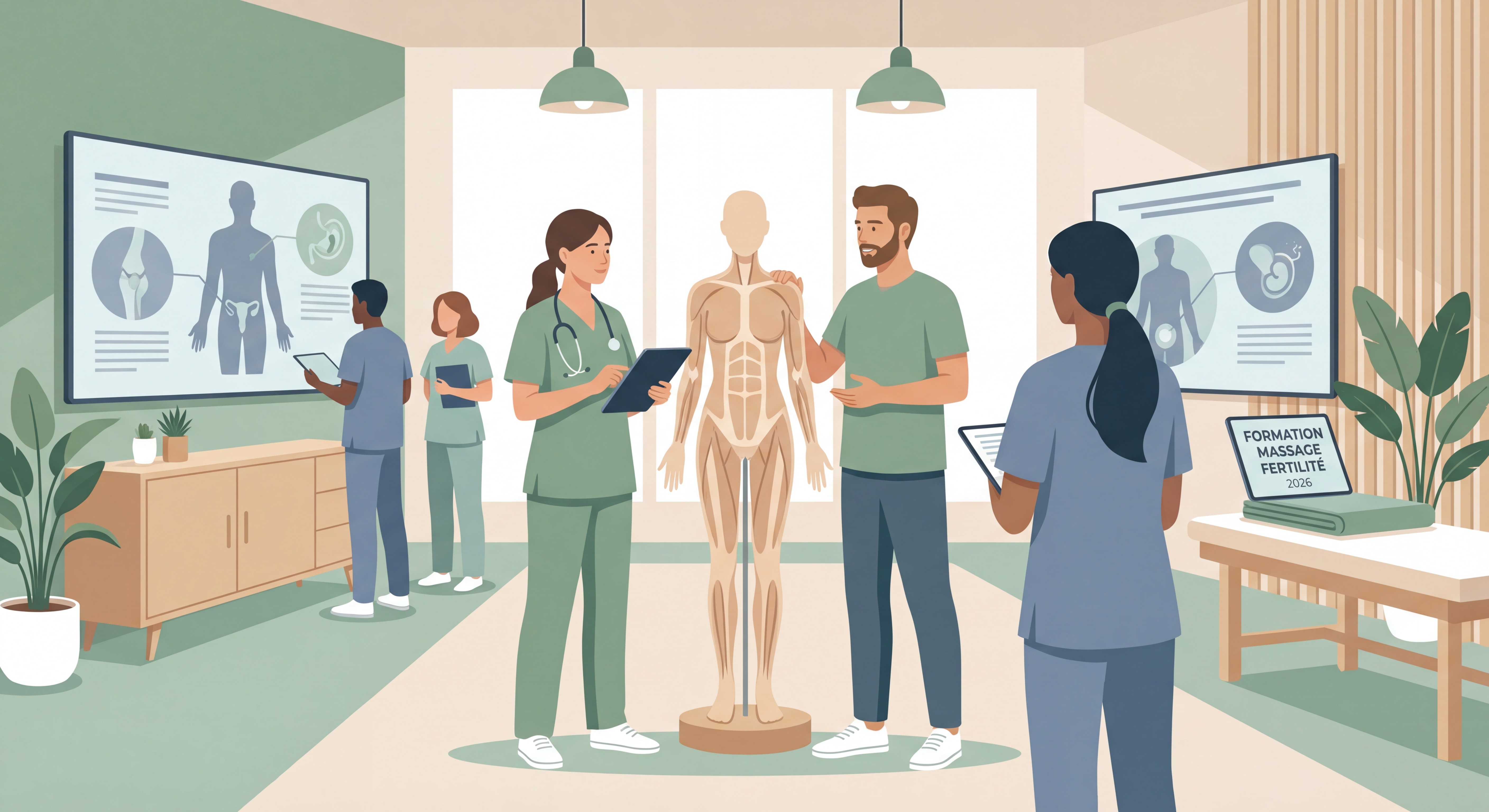 Professionnelle de santé participant à une formation massage fertilité en 2026, ambiance moderne et professionnelle