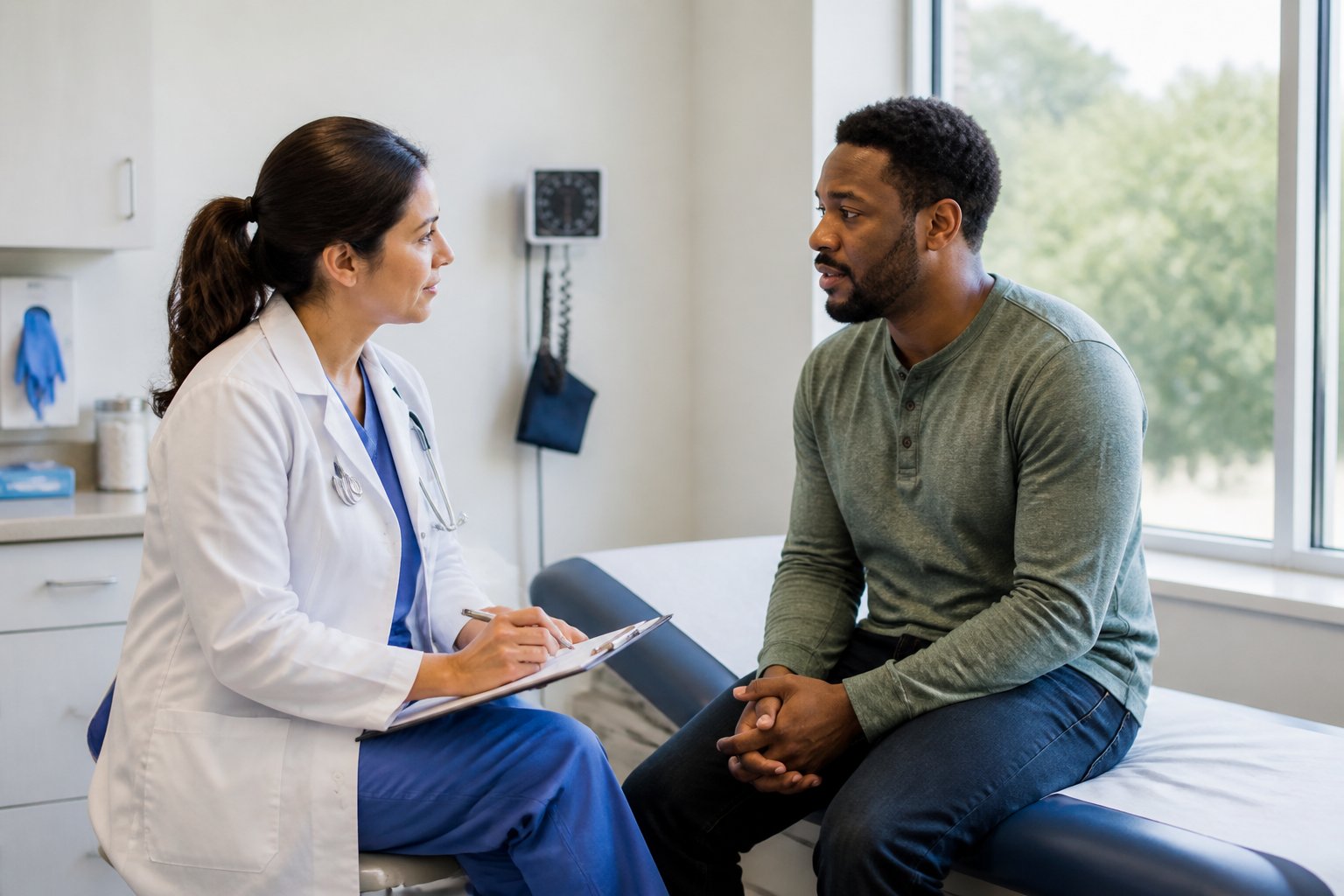 A doctor discusses a patient’s symptoms during a same-day appointment in a modern examination room.