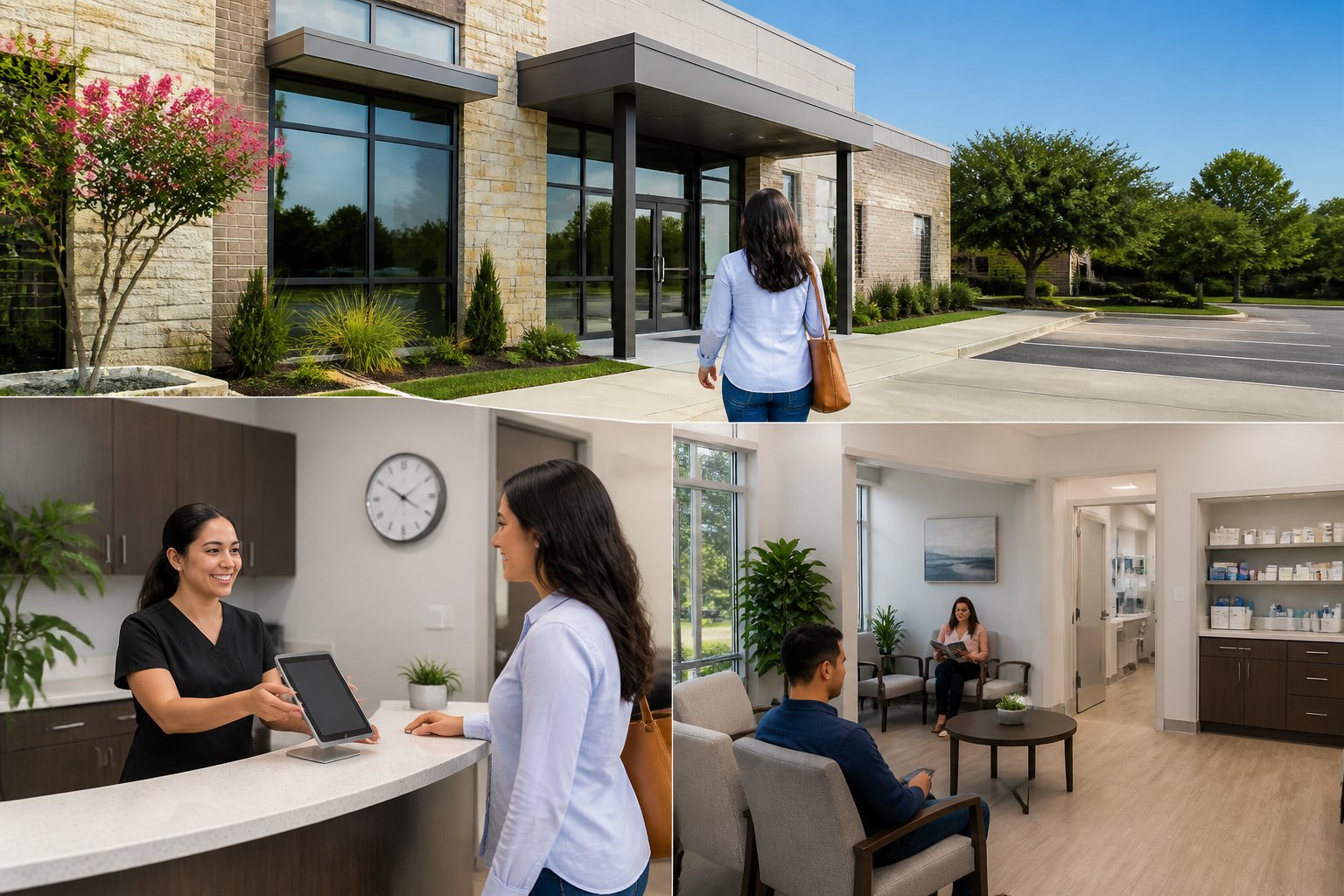 A patient is greeted by a healthcare professional at a modern medical clinic reception desk.