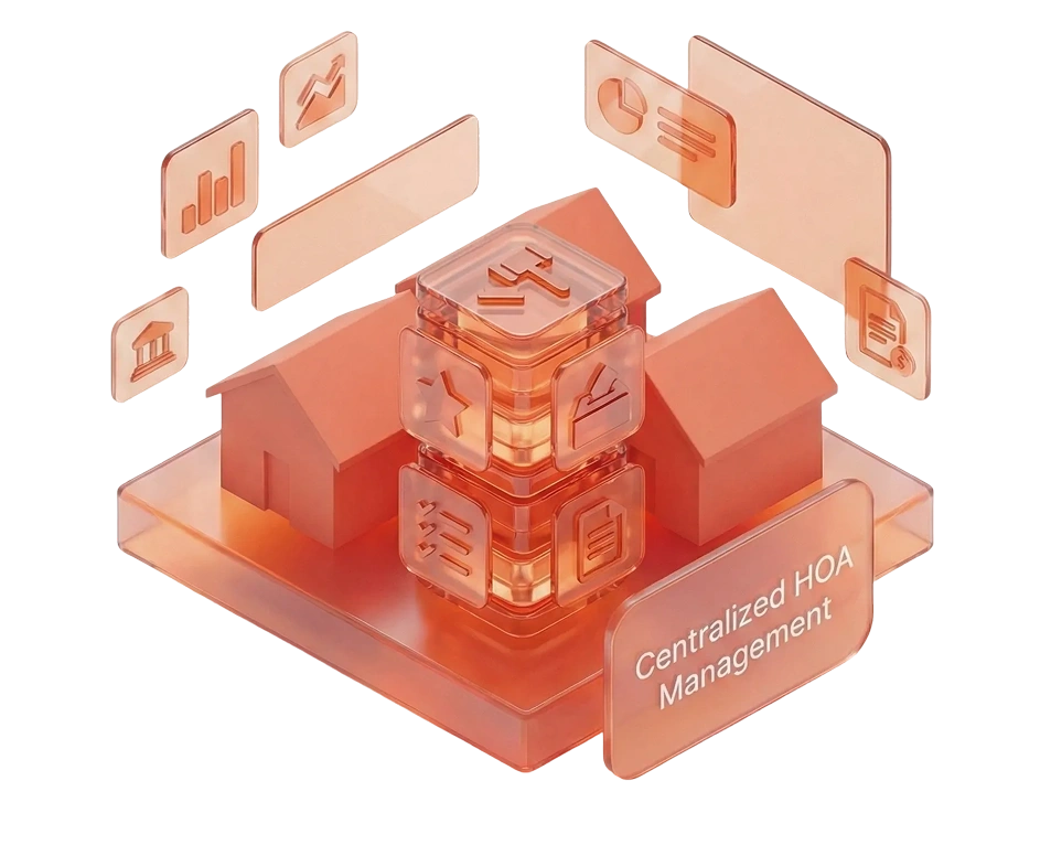 Smart city illustration showing residential communities and urban properties managed through ManageCasa property management software.