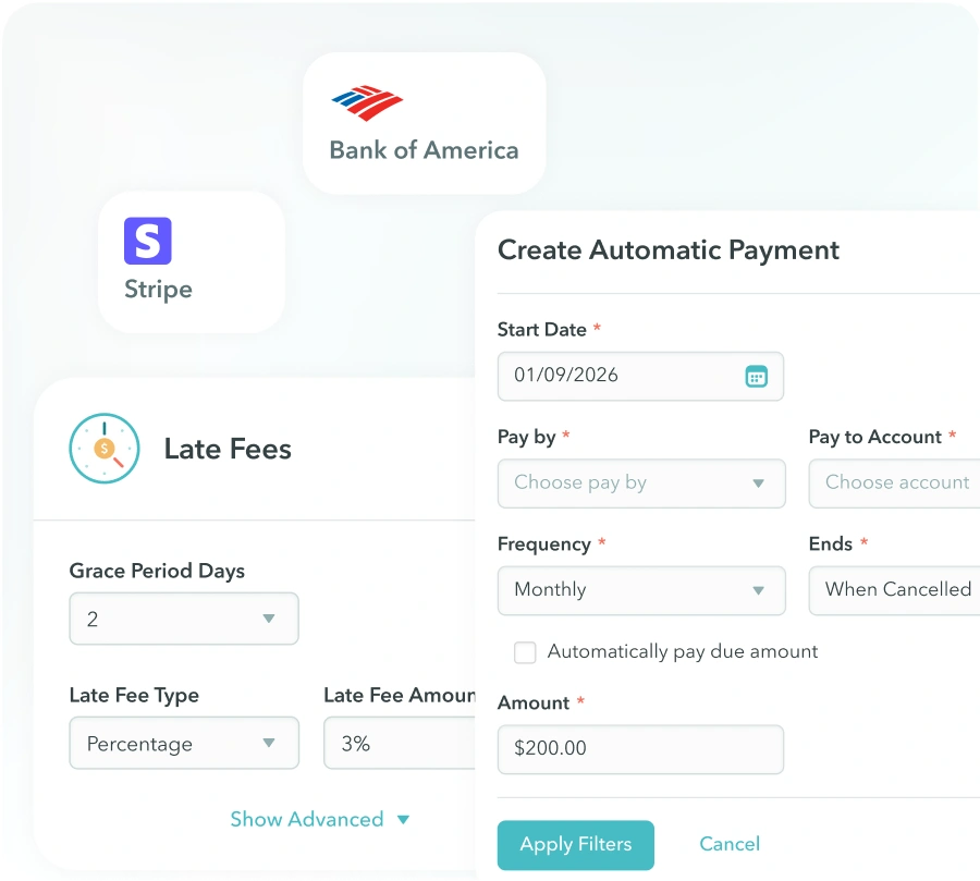 Property management software interface for automatic invoicing, recurring payments, late fees, and digital payment setup.