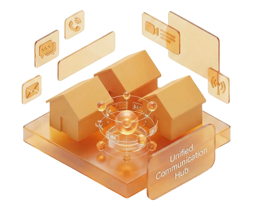 Smart city illustration showing residential communities and urban properties managed through ManageCasa property management software.