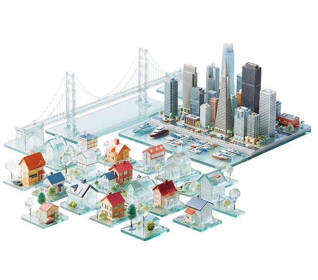 Smart city illustration showing residential communities and urban properties managed through ManageCasa property management software.