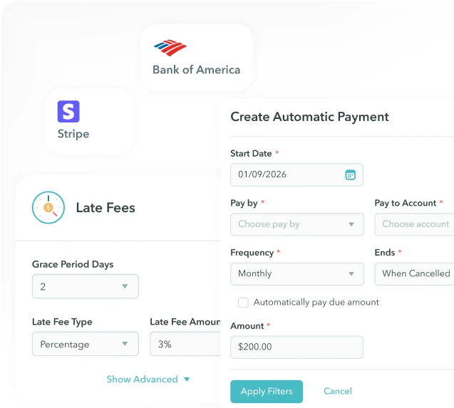 Property management software interface for automatic invoicing, recurring payments, late fees, and digital payment setup.