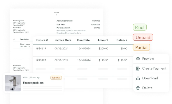 Table listing two invoices with details: Invoice 24619 due 10/10/2024 paid $200, and Invoice 25997 due 10/10/2024 past due with $175.50 balance.