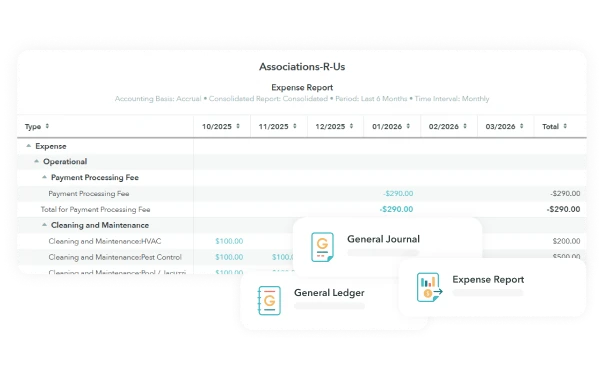Icons and titles for accounting documents: General Ledger, General Journal, and Cash-Flow Statement.