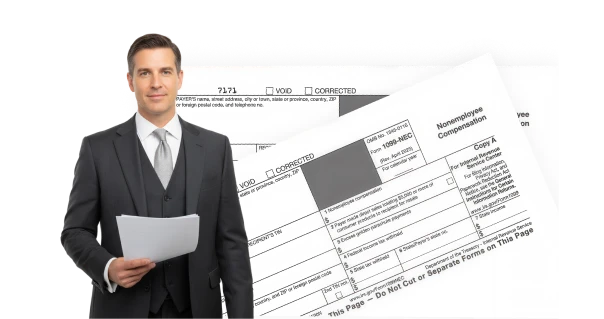 Document labeled 1099 with an icon of a gear and play button, accompanied by text stating 'Automatically Tracks Vendor Payments'.