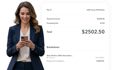 Payment summary showing $2500 payment amount, $2.50 processing fee, total $2502.50 paid to Little Sunny Hill Estates with transaction details dated 10/13/2023.
