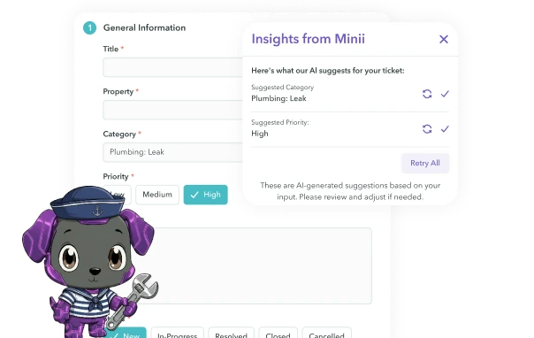 Maintenance ticket form with fields for title, property, category set to Plumbing: Leak, priority set to High, description stating Leaky faucet, and status options. Pop-up titled Insights from Minii shows AI suggestions confirming category as Plumbing: Leak and priority as High. Cartoon dog mechanic holding a wrench in the bottom left corner.
