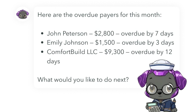 Chatbox with cartoon robotic dog listing overdue payers: John Peterson $2,800 overdue by 7 days, Emily Johnson $1,500 overdue by 3 days, ComfortBuild LLC $9,300 overdue by 12 days, and asking what to do next.