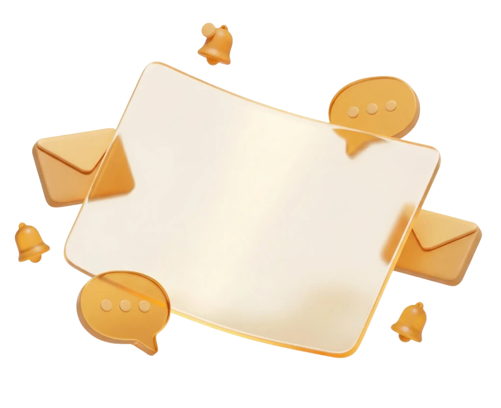 Illustration of a unified communication hub with three stylized house shapes and floating icons for chat, phone call, email, video, and wireless connectivity.