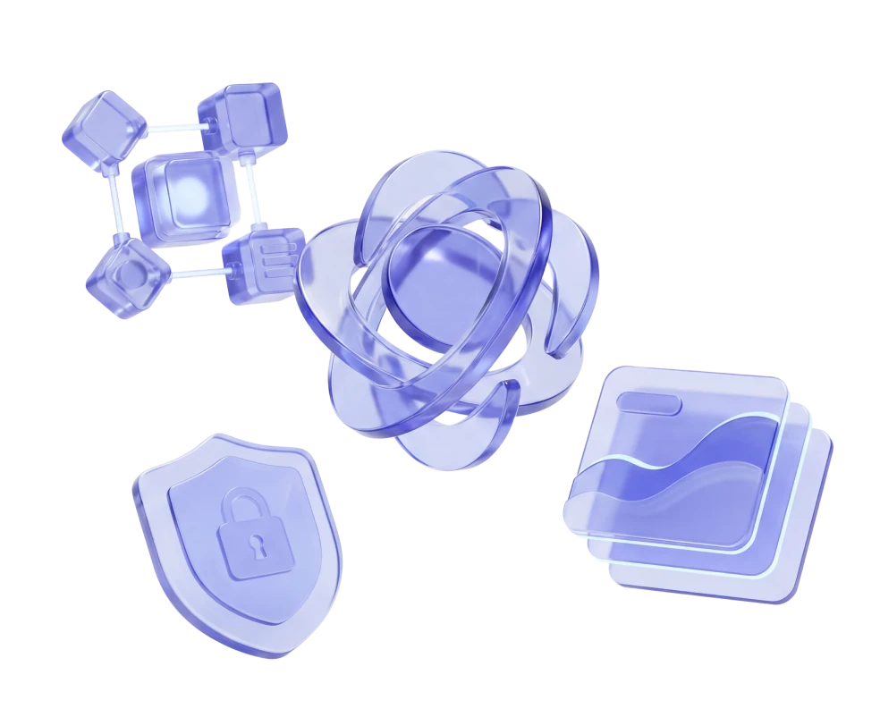 3D illustration of a purple platform with three house-shaped structures and a transparent cube labeled with onboarding, professional services, security, and integrations, surrounded by floating icons representing technology and a sign reading Platform Services & Security.