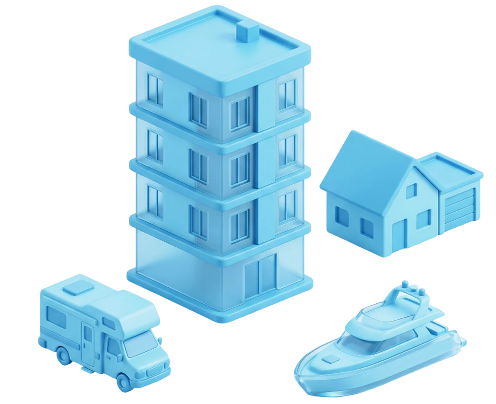 3D illustration of three blue house models with floating data icons and a label reading Property Portfolios.