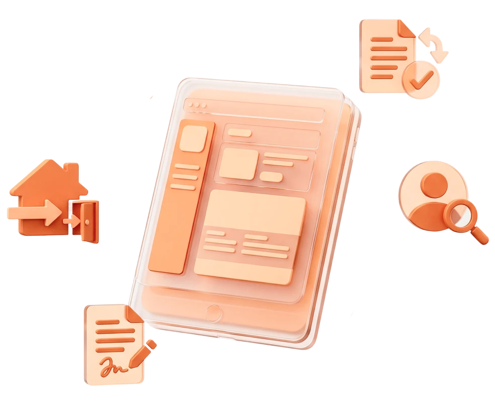 Orange 3D graphic showing two houses with floating icons labeled Listings, Applications, Tenant Screening, Websites, eSign, and Property Marketing & Leasing.
