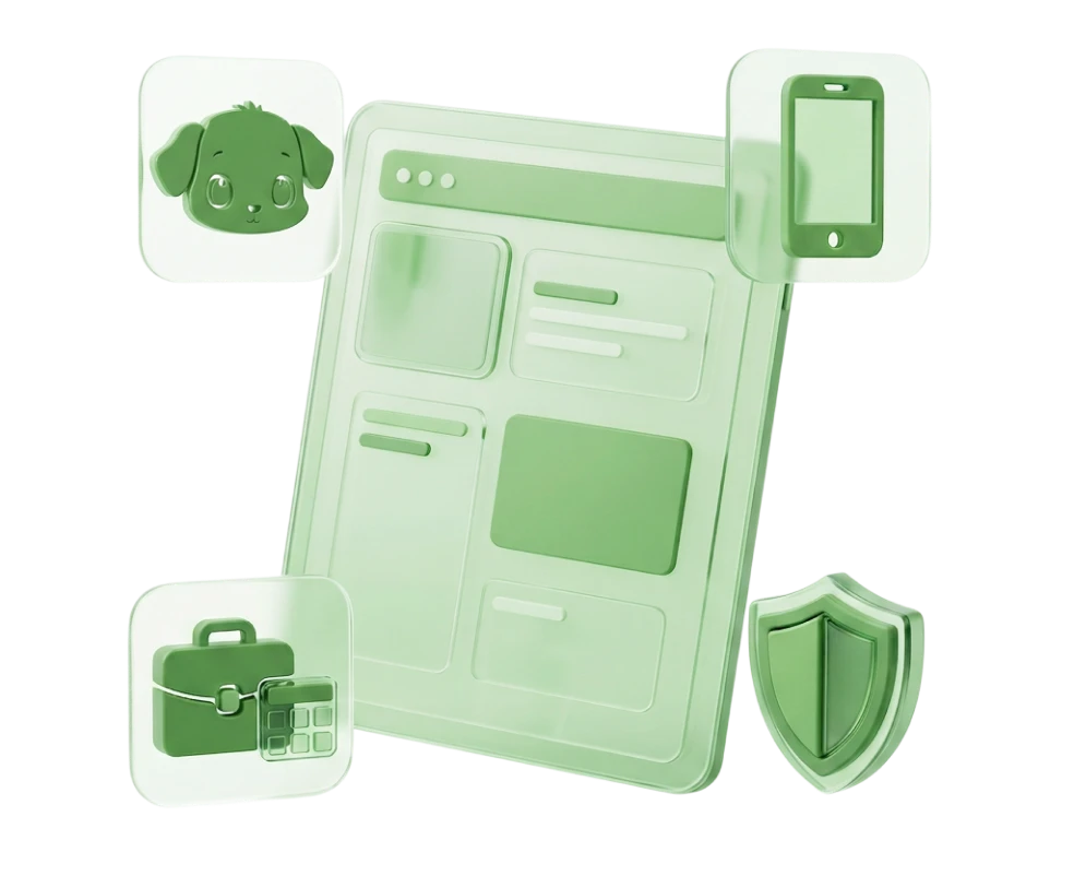 3D illustration of two green houses on a platform with a glowing AI symbol and icons representing intelligent home services.