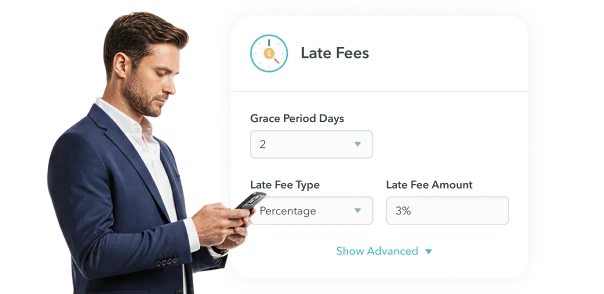 Interface panel titled 'Late Fees' showing settings for grace period days set to 2, late fee type set to percentage, and late fee amount at 3%, with a link to show advanced options.
