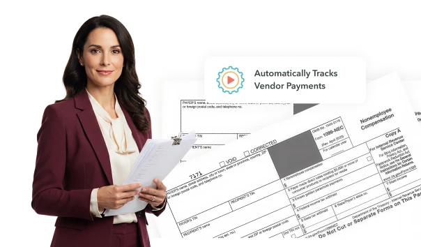 Document labeled 1099 with an overlay icon and text stating automatically tracks vendor payments.