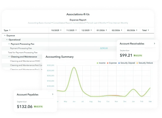 Dashboard showing financial summary: Total Expense $79,000 with a 3.19% decrease, Total Income $155,045, 7 Past Due Transactions totaling $259, Account Receivables $99.21 with 63.21% increase, Account Payables $132.06 with 63.21% increase, and 3 Payouts totaling $12.