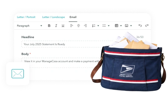 Email editor interface showing a headline text 'Your July 2025 Statement Is Ready' and a body text mentioning viewing and making a payment in ManageCasa account.