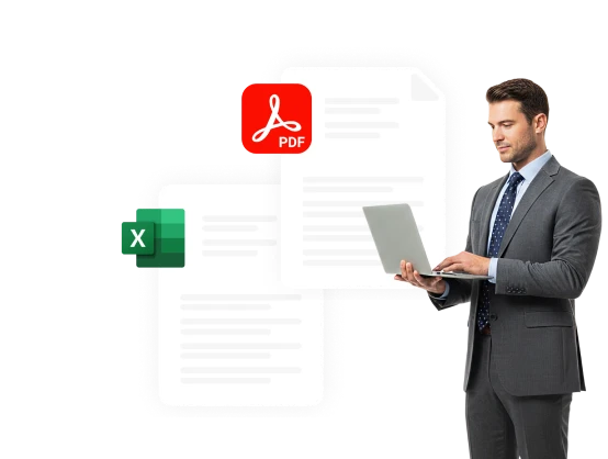 Icons representing PDF and XLS document files with an upload symbol.