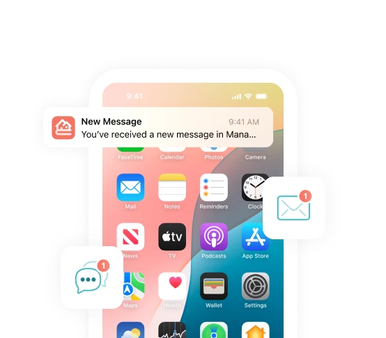 Smartphone screen showing a new message notification at 9:41 AM and app icons including Mail, Calendar, Photos, and Settings.
