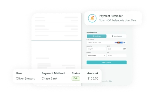 Online payment form for HOA dues showing card details entry, payment methods, and a payment confirmation for user Oliver Stewart with $100 paid via Chase Bank.