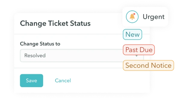User interface popup for changing a ticket status with a dropdown set to 'Resolved' and buttons to save or cancel.