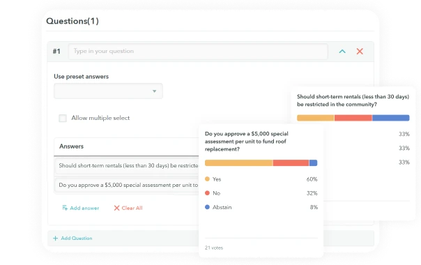 Survey form interface showing one question with options to type a question, use preset answers, allow multiple selections, and add or clear answers.