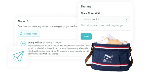 User interface showing a notes section with a note from Property Manager Jenny Wilson about compliance action and a sharing panel to choose contacts for ticket sharing.