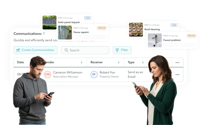 User interface showing Notes and Communications sections with options to create notes or communications, a search bar, and a table listing communication details including date, sender Cameron Williamson, receiver Robert Fox, type as email, and statistics with zero clicks and opens.