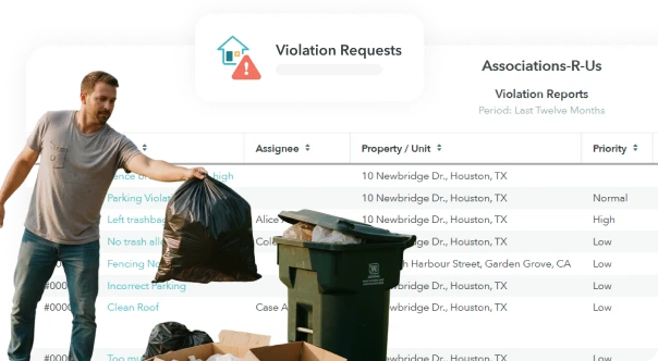 Table listing architectural requests with columns for ticket number, assignee, property address, request name, priority, and status.