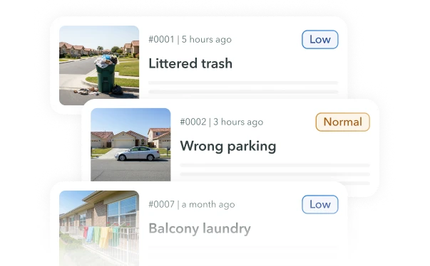 Three maintenance requests: solar panel request labeled low priority with image of solar panels on a roof, faucet problem labeled normal priority with image of a faucet running water, and roof cleaning labeled low priority with image of mossy roof tiles.