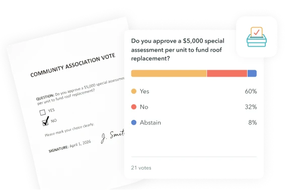 Illustration of two overlapping documents with an icon of a ballot box containing a paper ballot with a checkmark.