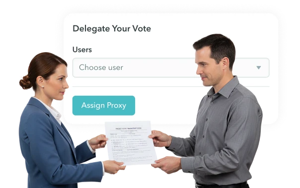 User interface panel titled 'Delegate Your Vote' with a dropdown menu to choose a user and a teal button labeled 'Assign Proxy'.