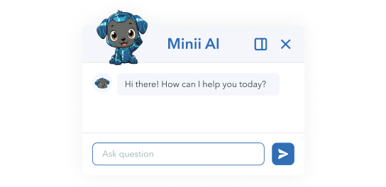 Chat window labeled 'Minii AI' with a robot avatar saying, 'Hi there! How can I help you today?' and a text input box with a send button.