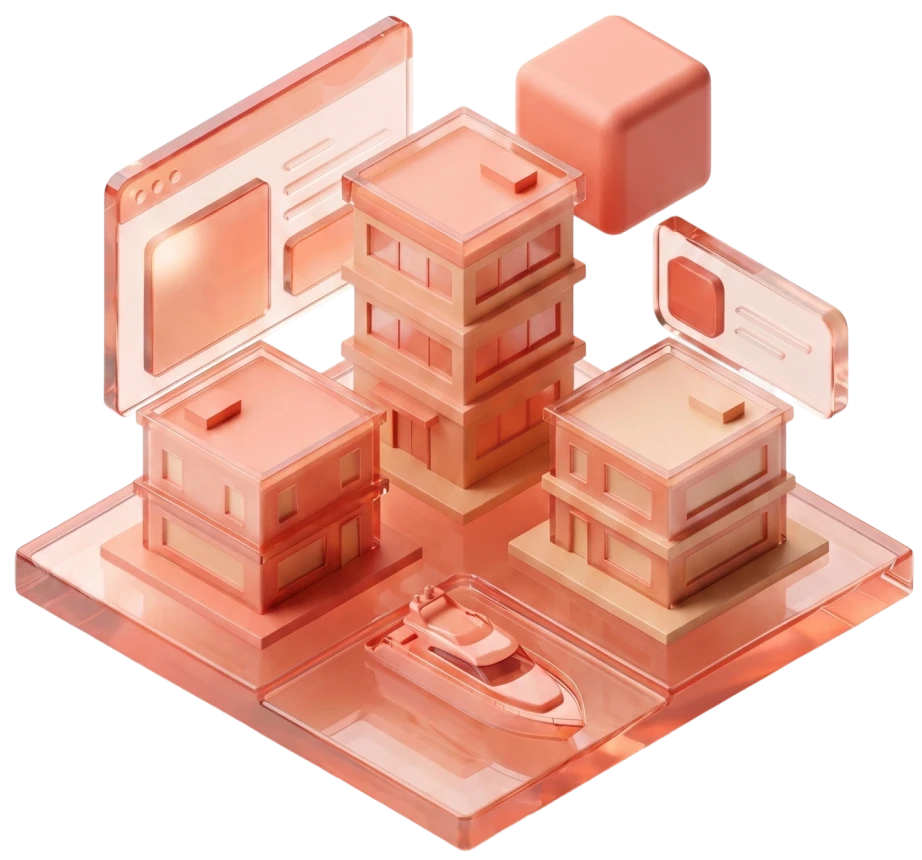 3D illustration of three buildings and a boat on a transparent platform with floating transparent interface elements.