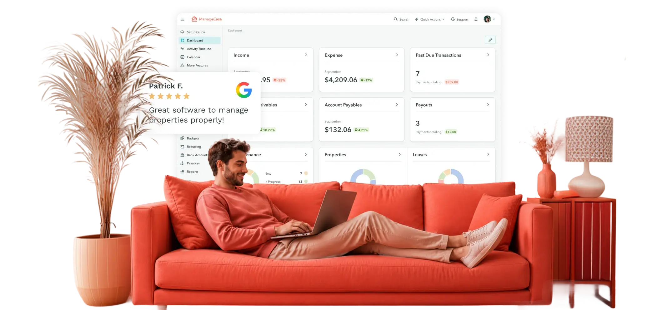 ManageCasa property management software dashboard displayed behind a relaxed homeowner using a laptop on a modern orange sofa, showcasing rental property accounting, expenses, leases, and financial management tools.