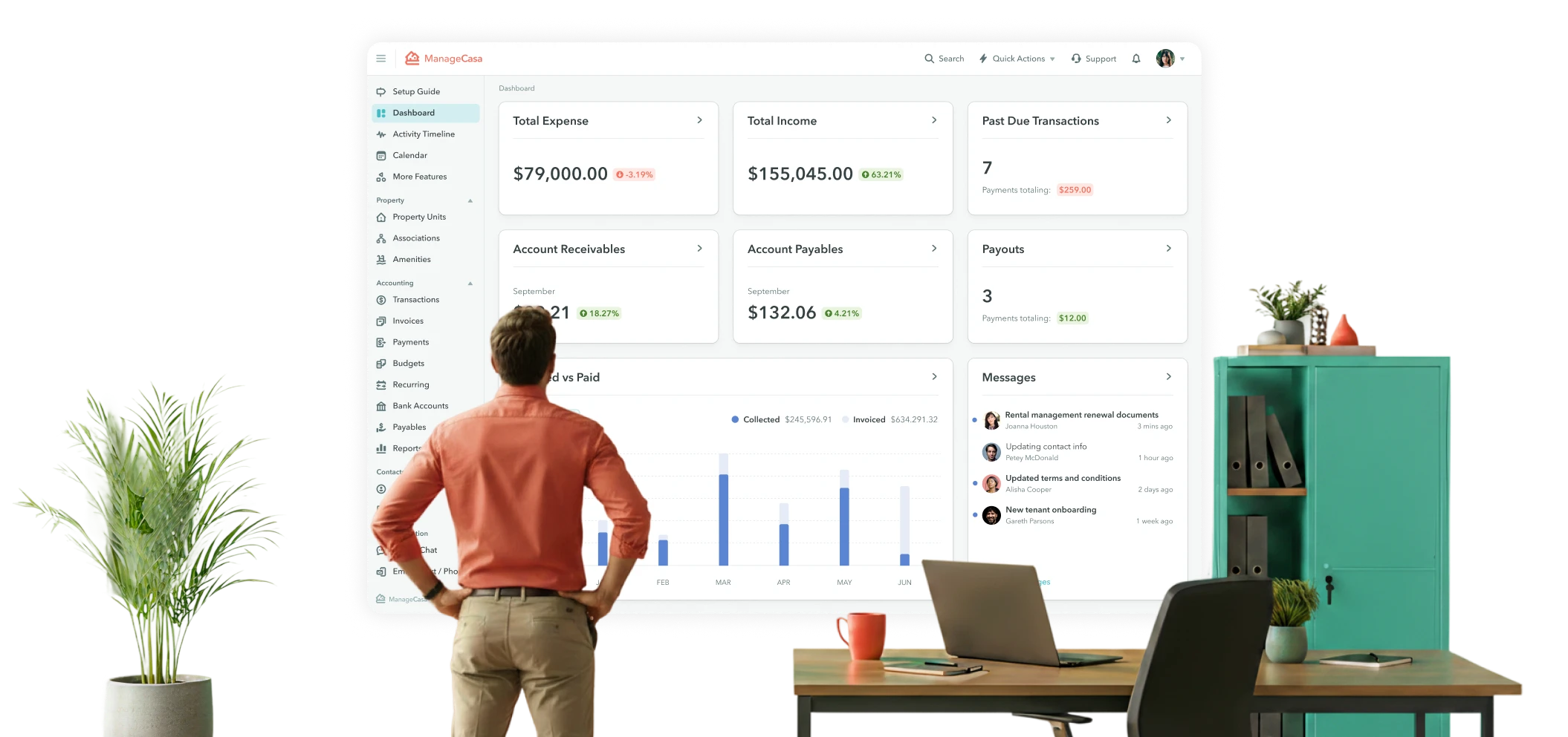 ManageCasa property management software dashboard displayed behind a relaxed homeowner using a laptop on a modern orange sofa, showcasing rental property accounting, expenses, leases, and financial management tools.
