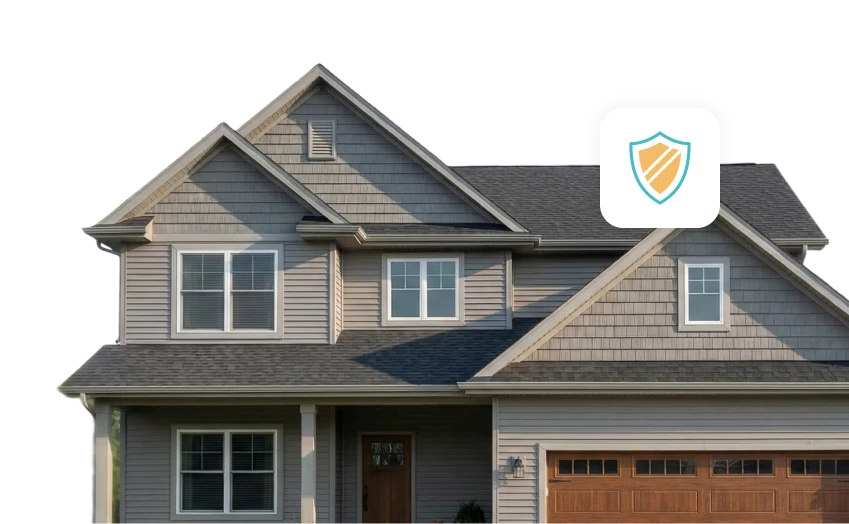 Two-story house with labels indicating Home Warranty for Homeowners, Renters Insurance, and Home Warranty for Landlords.