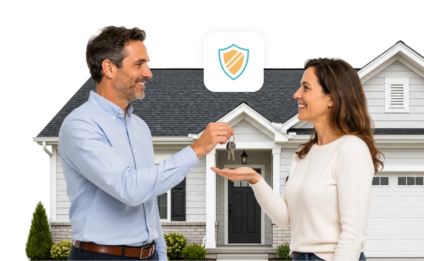 Home Warranty promotion showing ManageCasa and Sure logos with text about covering home repair costs and a Learn More button.