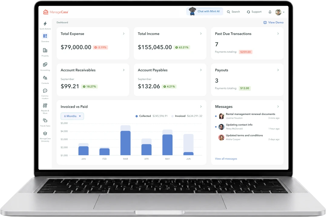 ManageCasa platform dashboard on a laptop